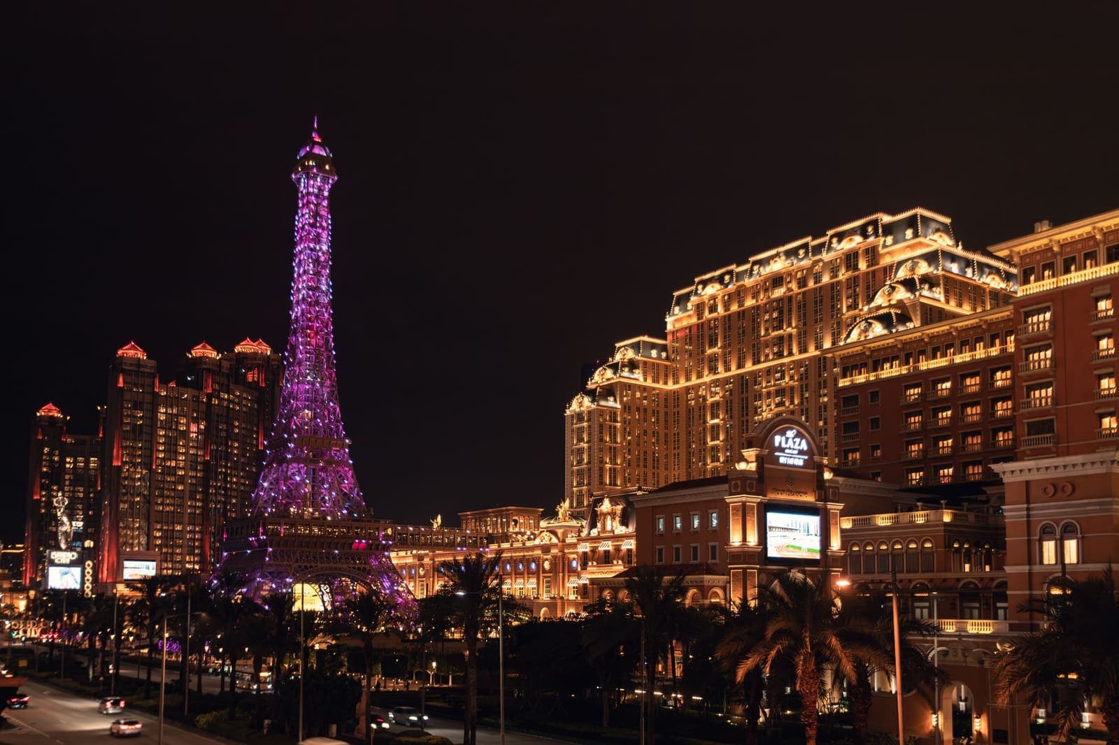 Large casino resort on the Cotai Strip in Macau illuminated at night